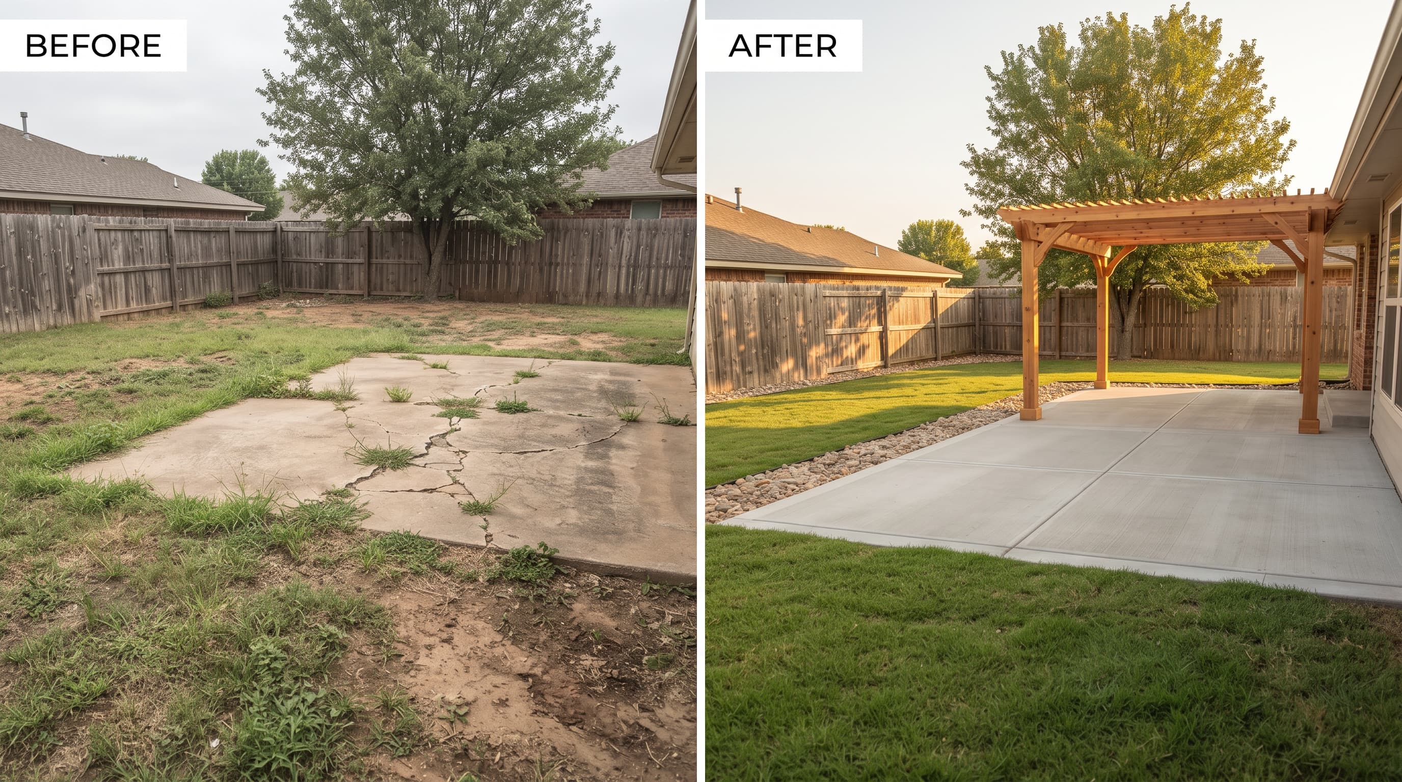 Backyard transformation — cracked slab and bare yard to new concrete patio with pergola
