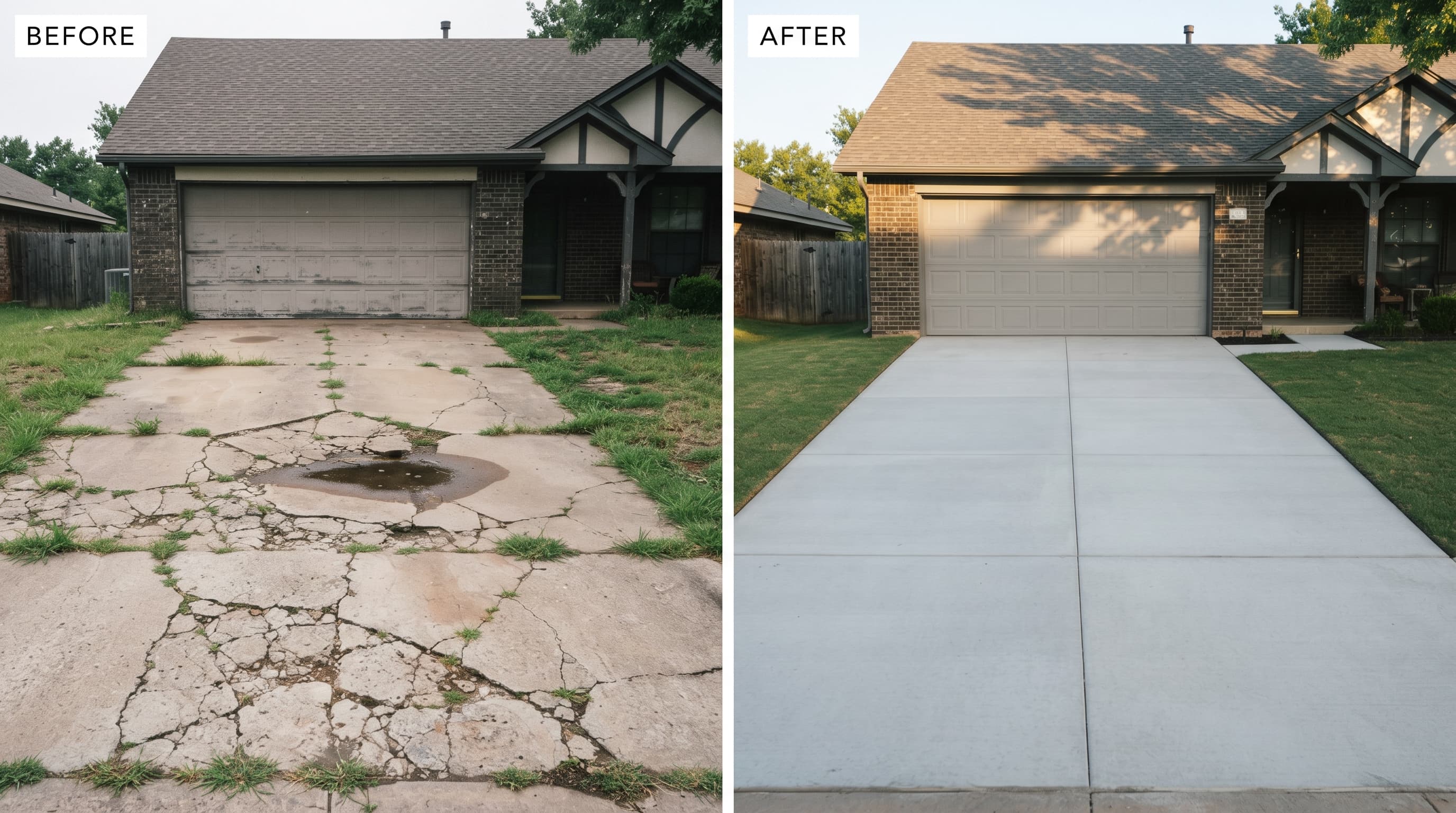 Driveway transformation — cracked and heaved concrete replaced with a new broom-finish driveway