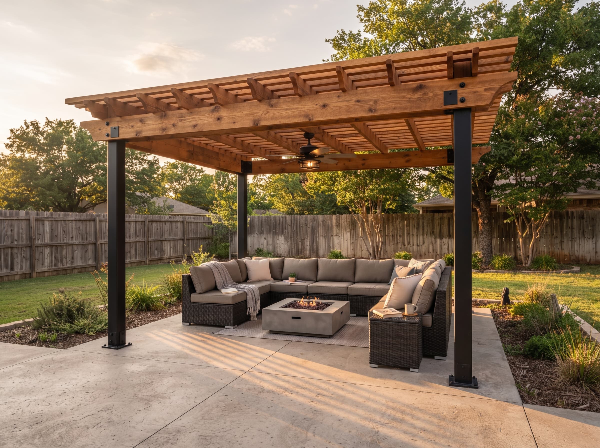 Cedar pergola with black steel brackets