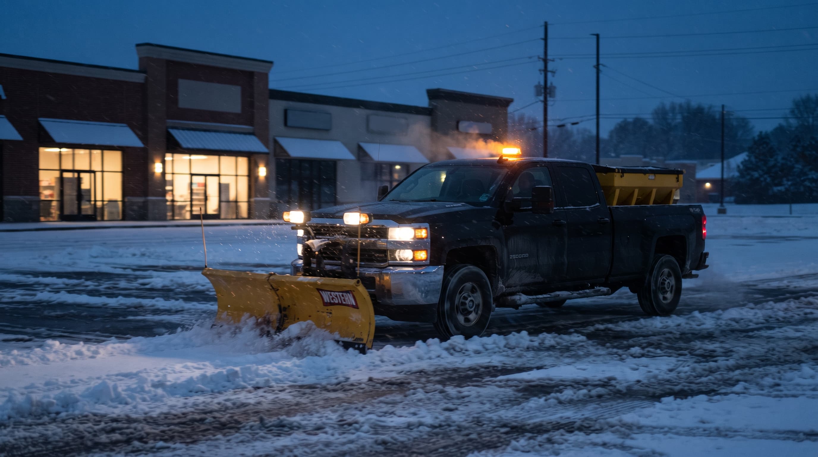 Plow truck clearing a commercial lot in snowfall