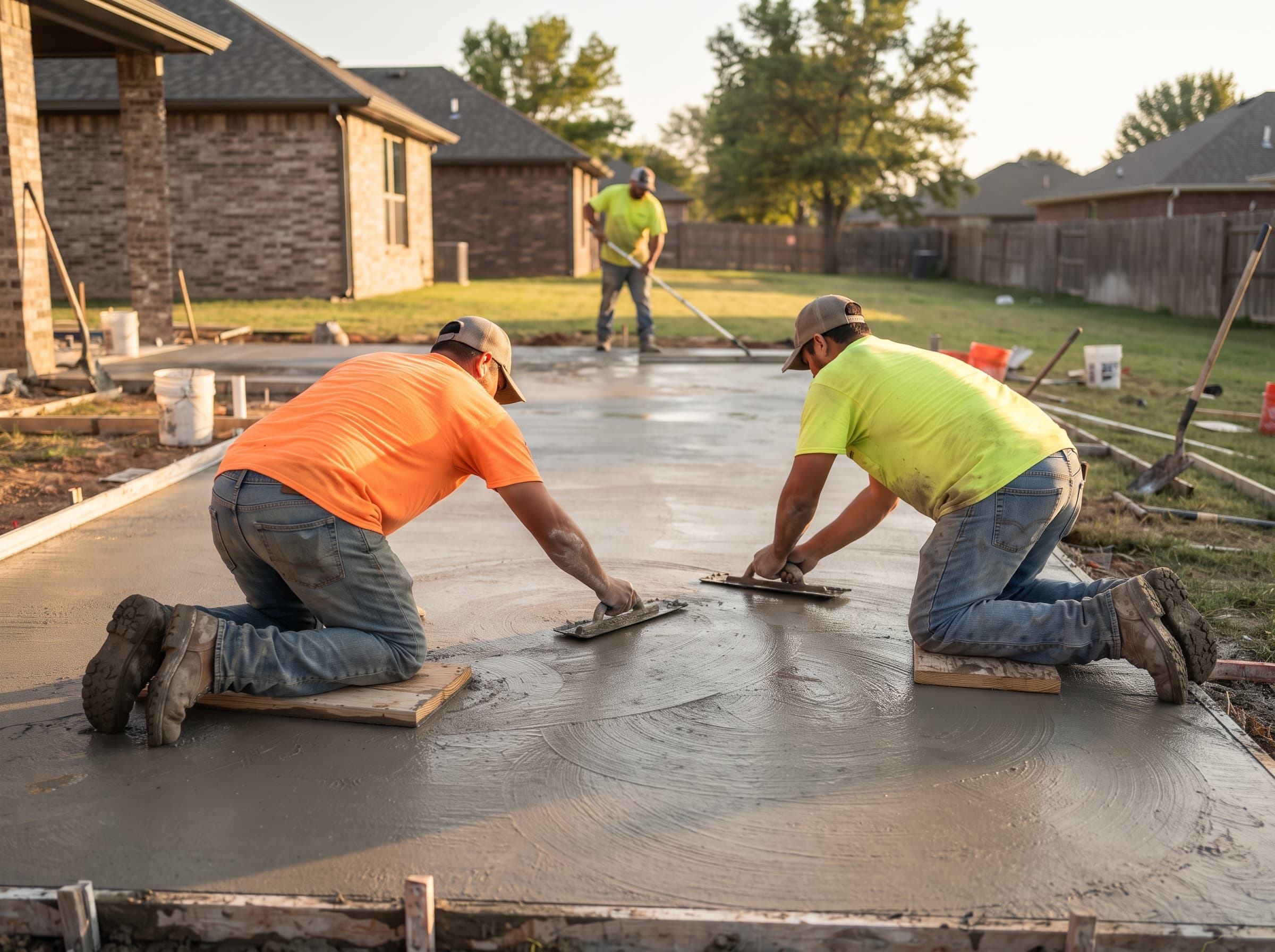 Crew hand-troweling a fresh concrete slab