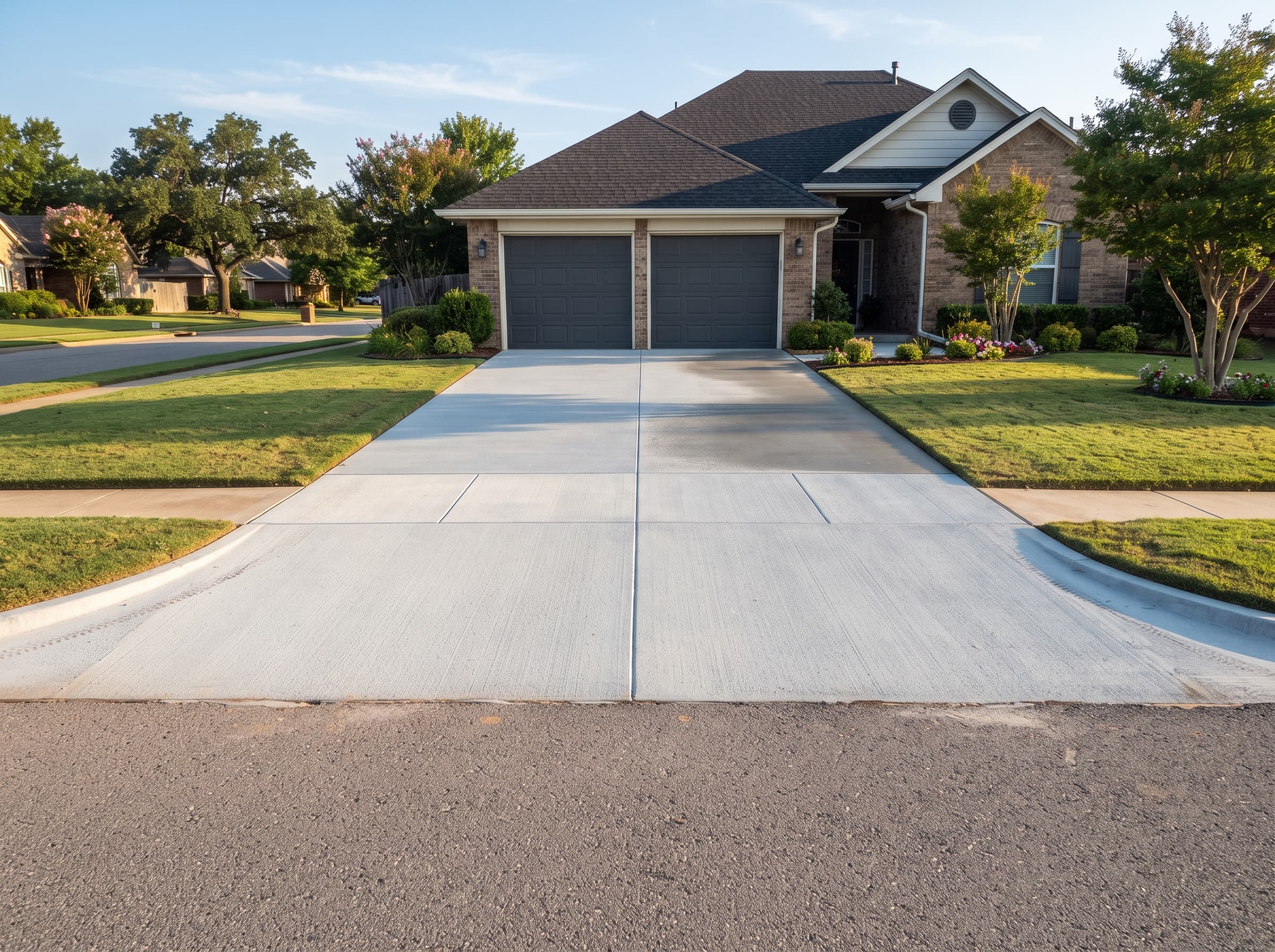 New broom-finish concrete driveway at a Tulsa home