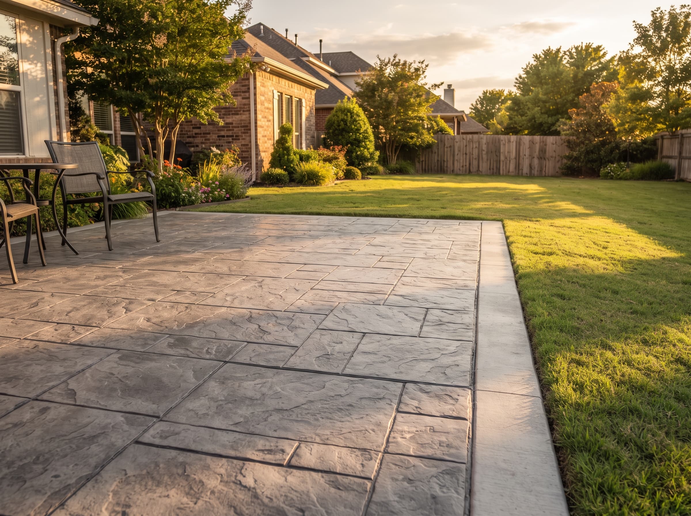 Stamped concrete patio in an ashlar slate pattern at a Tulsa home