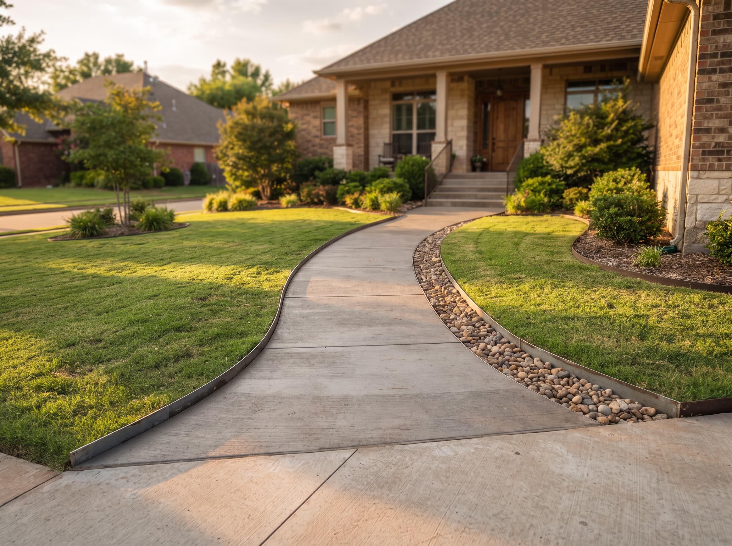 Curved concrete walkway through a Tulsa front yard
