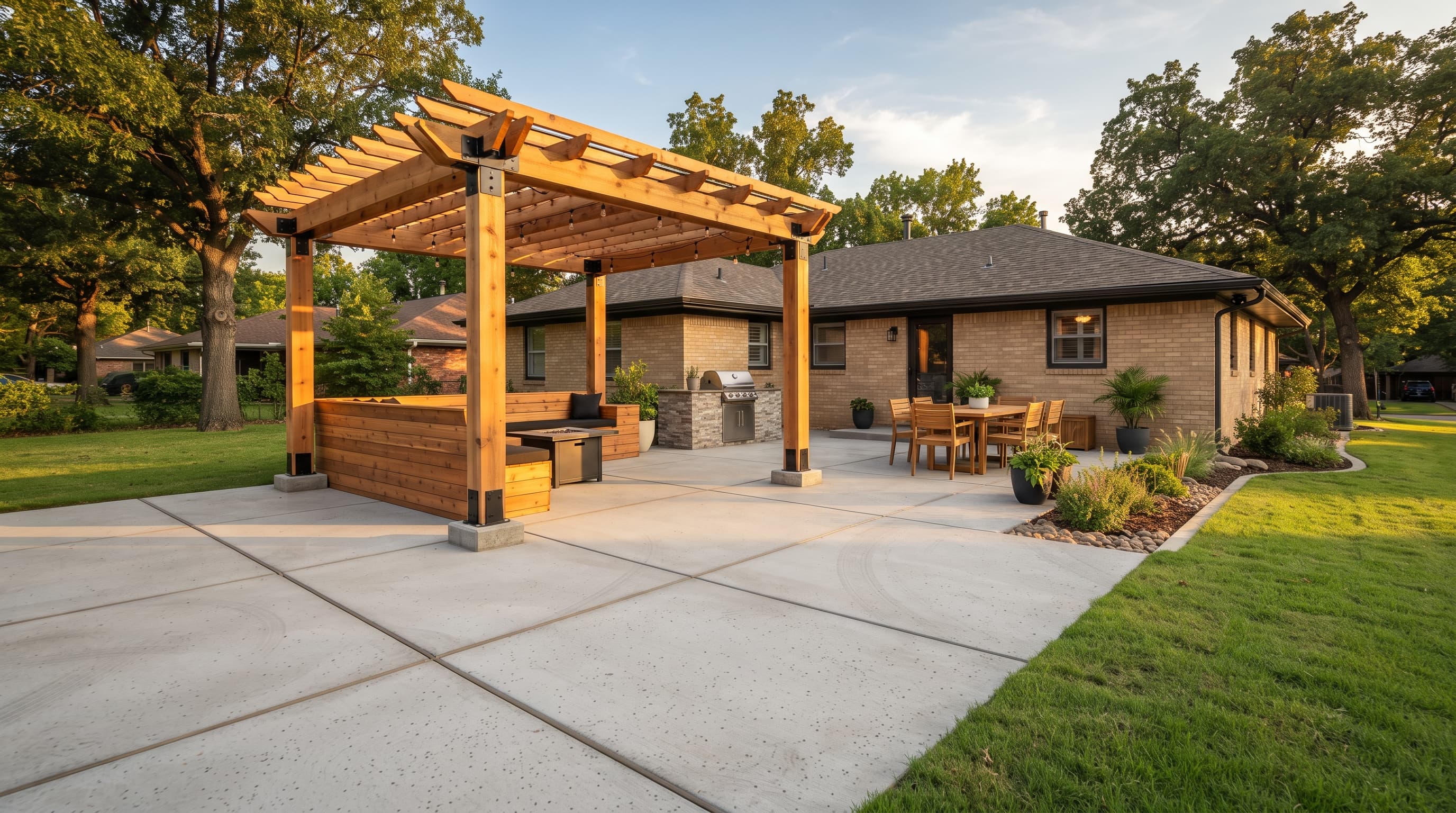 Concrete patio and pergola outdoor living space