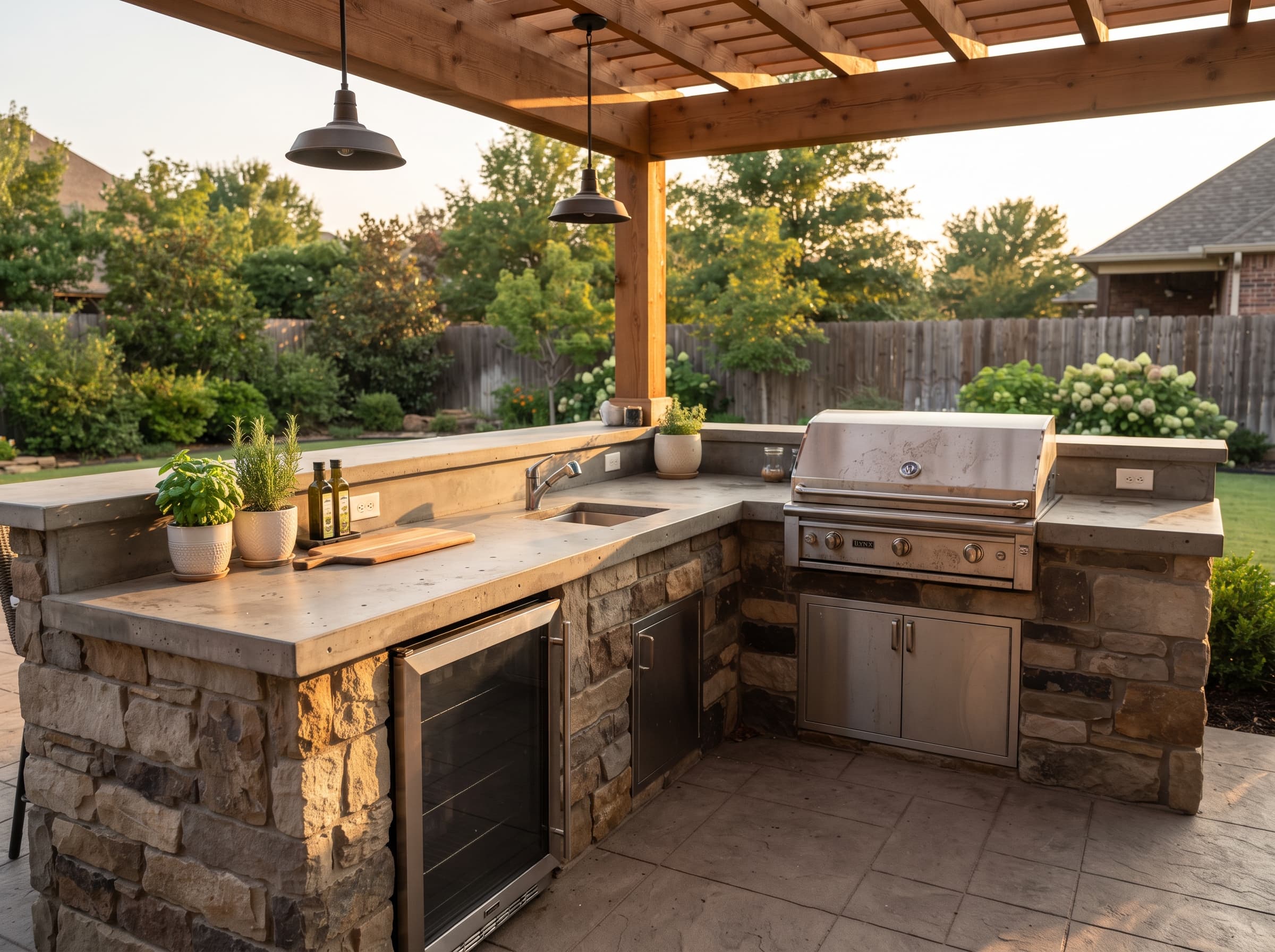 Outdoor kitchen with concrete countertops under a cedar pergola in Tulsa